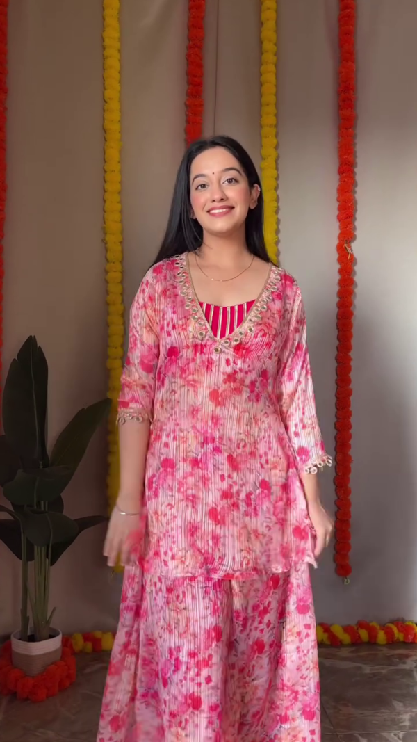 Plus Size Floral Printed Tunic With Crop Top & Palazzo