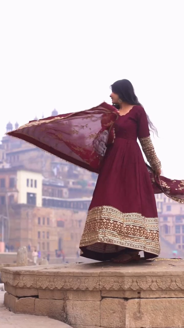 V-Neck Anarkali Kurta With Trouser & Printed Dupatta