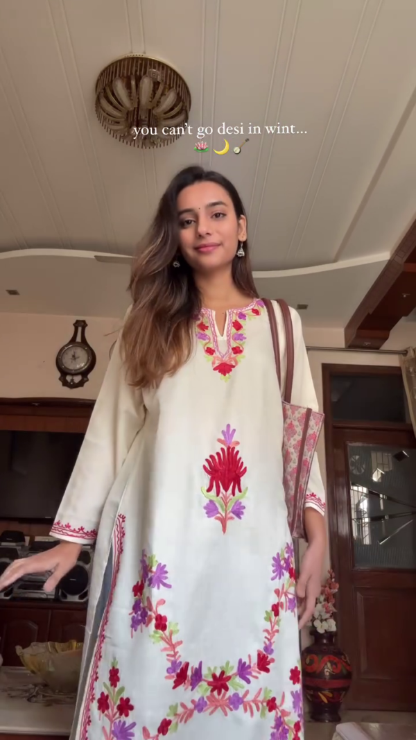 Floral Embroidered Cotton Falak Kashmiri Straight Kurta